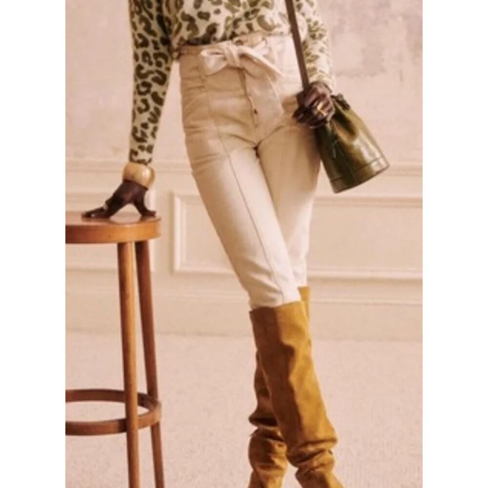 Sézane Maxime High Rise Paperbag Denim Trousers Ivory Cream Size 6